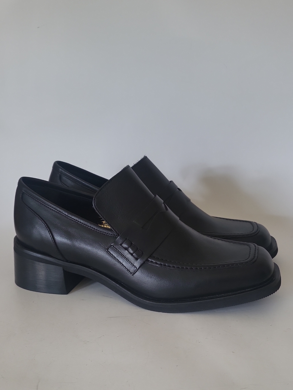 Maguire Black Leather Block Heel Penny Loafers - Square Toe Size 41